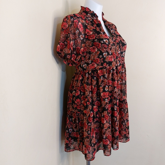 1. STATE Sheer Floral Fuchsia Pink & Black Ruffle Babydoll Spring Summer Dress - Picture 3 of 15